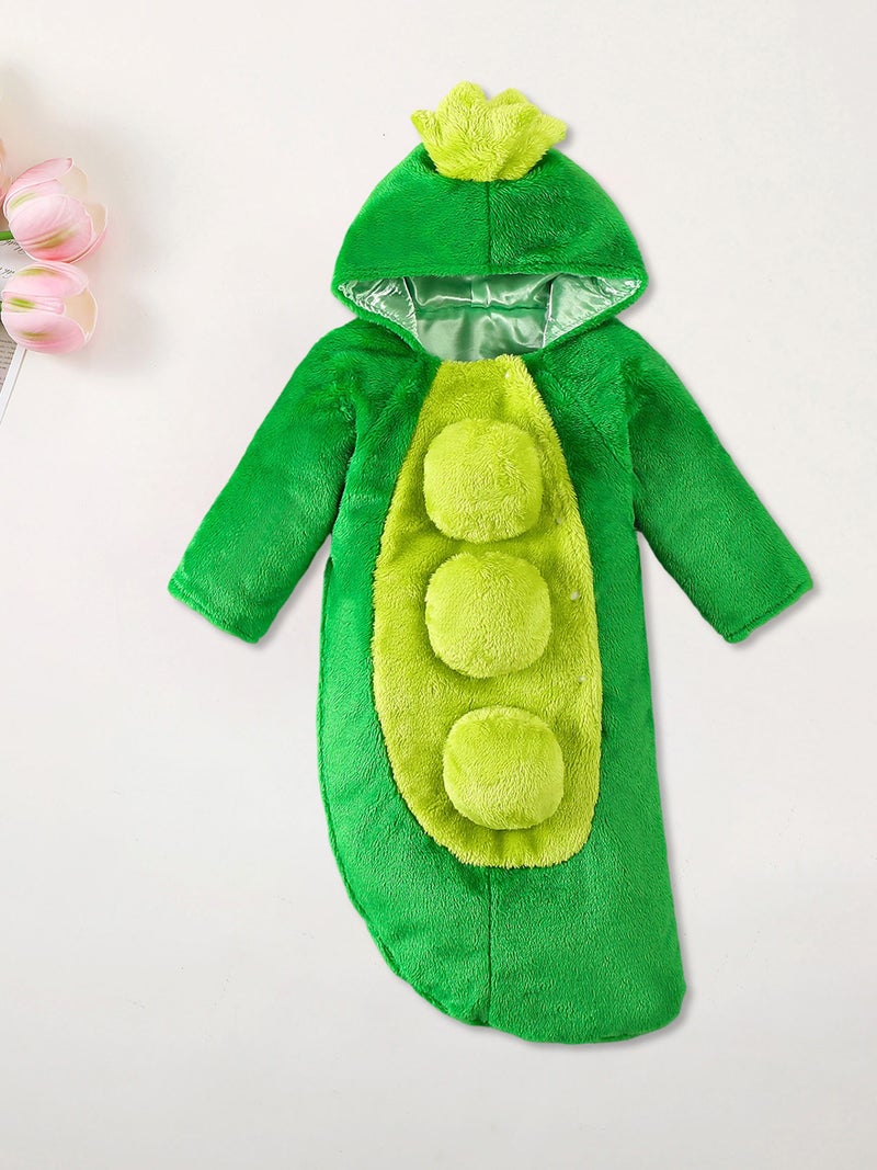 Newborn Baby Plush Sleep Sack Contrast Color Green Bean Long Sleeve Hood Sleepwear Swaddle - Image 3
