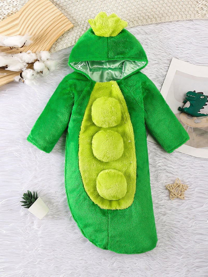 Newborn Baby Plush Sleep Sack Contrast Color Green Bean Long Sleeve Hood Sleepwear Swaddle - Image 1