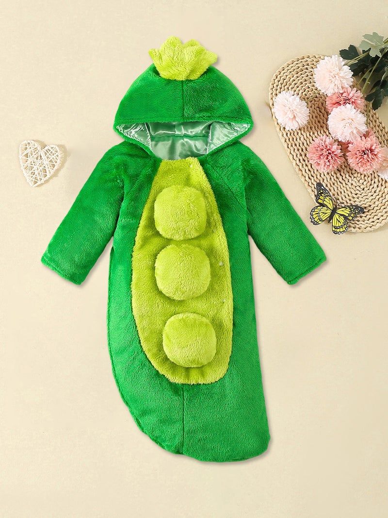 Newborn Baby Plush Sleep Sack Contrast Color Green Bean Long Sleeve Hood Sleepwear Swaddle - Image 2