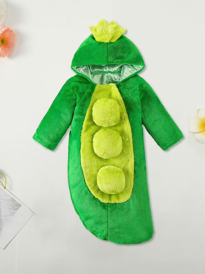 Newborn Baby Plush Sleep Sack Contrast Color Green Bean Long Sleeve Hood Sleepwear Swaddle - Image 4