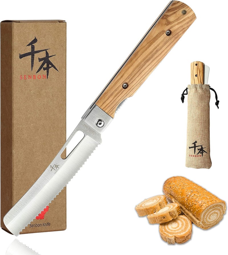 SENBON 440A stainless steel pocket folding Japanese Bread knife Natural Olive Handle Camping trip Outdoor Portable Serrated knife - Image 1