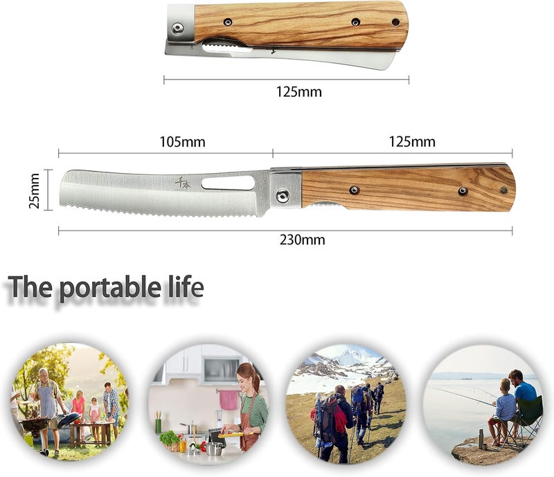 SENBON 440A stainless steel pocket folding Japanese Bread knife Natural Olive Handle Camping trip Outdoor Portable Serrated knife - Image 2
