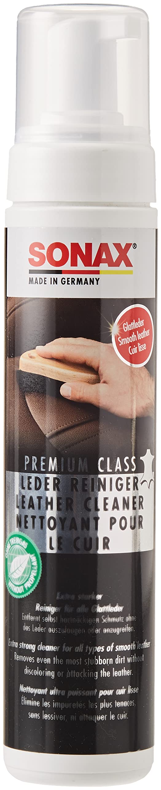 SONAX Premium Class Leather Cleaner | Powerful Foaming Formula for Deep Cleaning Smooth & Perforated Leather | Removes Stubborn Dirt, Stains & Blue Jean Transfer | Safe & Non-Drying | 281141 | 250ml - Image 4