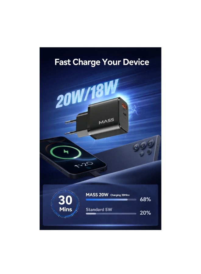 ماس شاحن MASS فائق السرعة، MA-HC10، منفذان للشحن السريع بقدرة 18 واط و20 واط، منفذ USB-C ومنفذ USB-A، كابل بطول 1000 مم، أسود، قابس أوروبي ثنائي الدبابيس - ضمان محلي لمدة عام - Image 5