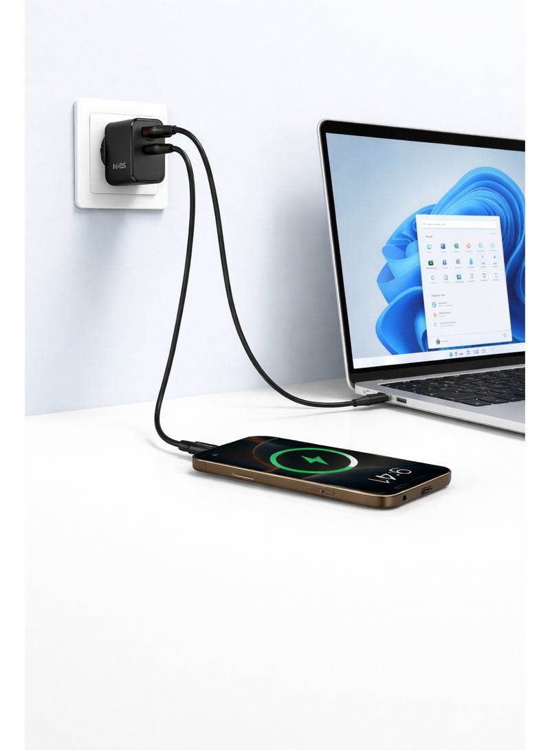 ماس شاحن MASS فائق السرعة، MA-HC10، منفذان للشحن السريع بقدرة 18 واط و20 واط، منفذ USB-C ومنفذ USB-A، كابل بطول 1000 مم، أسود، قابس أوروبي ثنائي الدبابيس - ضمان محلي لمدة عام - Image 3