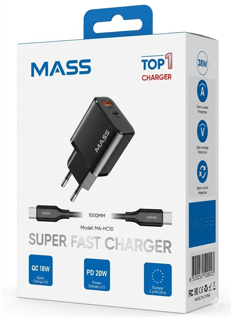 ماس شاحن MASS فائق السرعة، MA-HC10، منفذان للشحن السريع بقدرة 18 واط و20 واط، منفذ USB-C ومنفذ USB-A، كابل بطول 1000 مم، أسود، قابس أوروبي ثنائي الدبابيس - ضمان محلي لمدة عام - Image 1