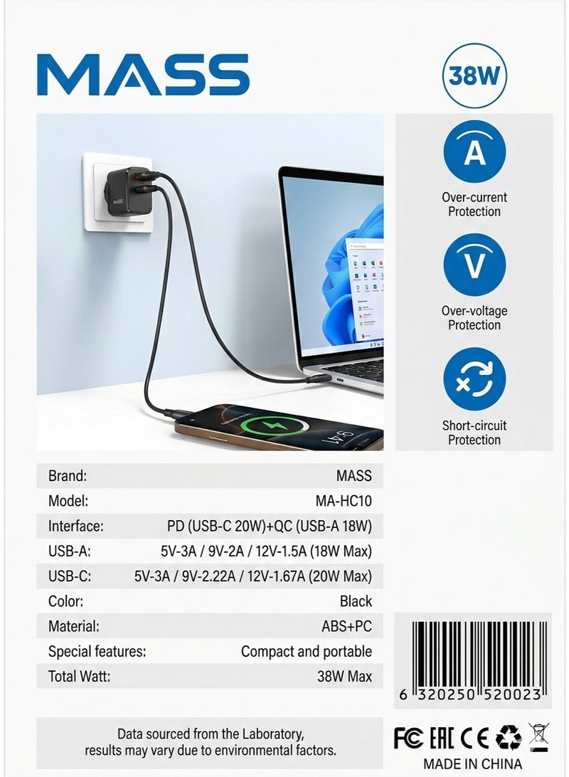 ماس شاحن MASS فائق السرعة، MA-HC10، منفذان للشحن السريع بقدرة 18 واط و20 واط، منفذ USB-C ومنفذ USB-A، كابل بطول 1000 مم، أسود، قابس أوروبي ثنائي الدبابيس - ضمان محلي لمدة عام - Image 2