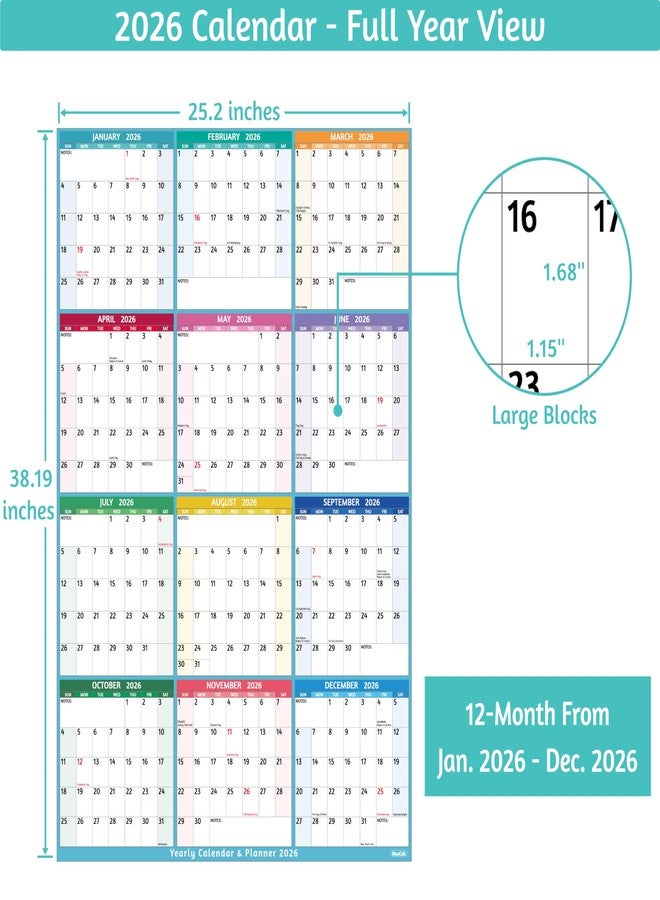BowCuk 2026 Yearly Wall Calendar - Large Yearly Calendar 2026 Vetical, Jan 2026 - Dec 2026, 25.2" x 38.2" (Open), 2026 Calendar, Large Wall Calendar 2026, Full Year Paper with Notes, Thicker Paper - Image 3
