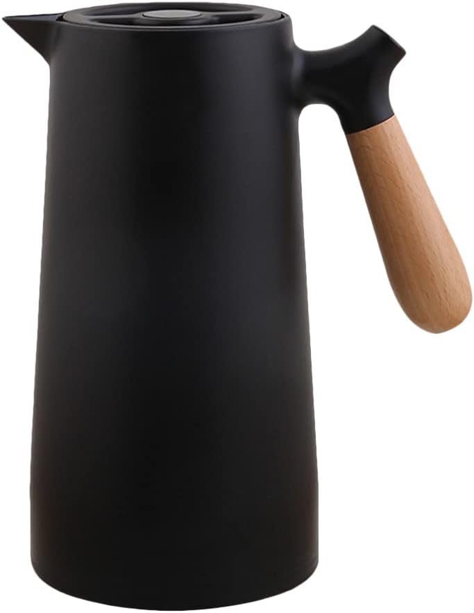 Thermal Coffee Carafe Dispenser with Wood Handle Insulated Carafes Glass Juice Pot Beverage Container Cold Water Kettle Teapot for Restaurant Home Picnic Black - Image 1
