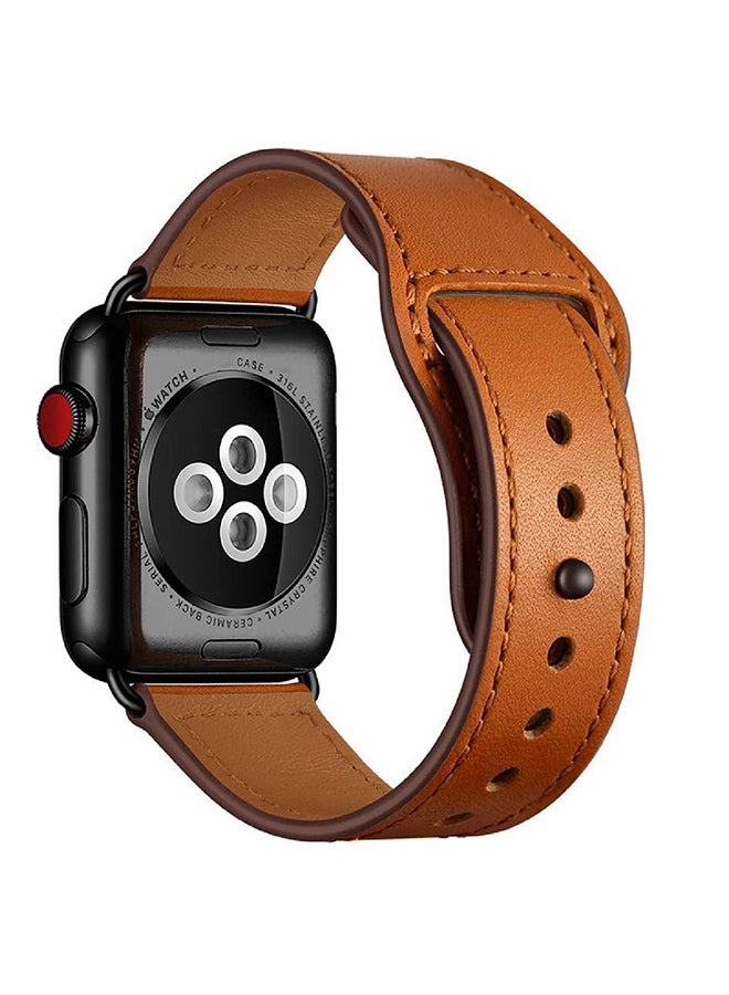 Leather Replacement Strap For Apple Watch All Series Compatible with 49mm/45mm/44mm/42mm Light Brown - Image 2