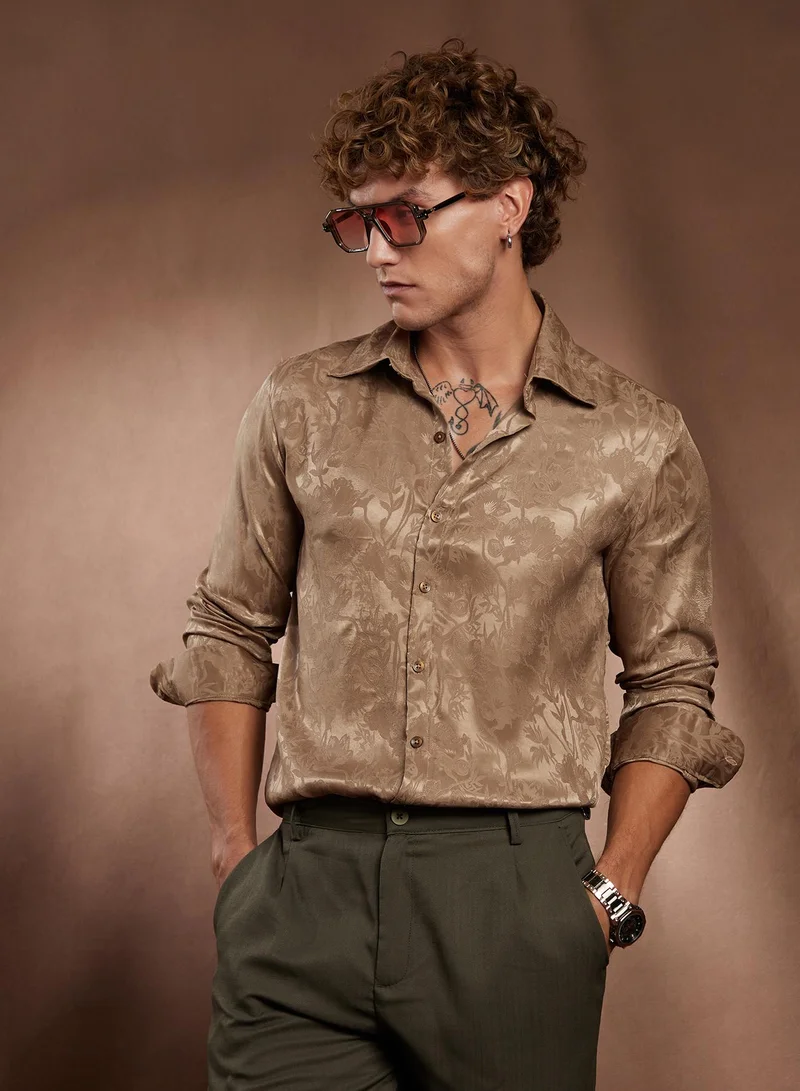 Campus Sutra Campus Sutra Men's Peanut Brown Flora-Textured Shirt For Casual Wear | Spread Collar | Long Cuffed Sleeves | Button Closure | Shirt Crafted With Comfort Fit For Everyday Wear
