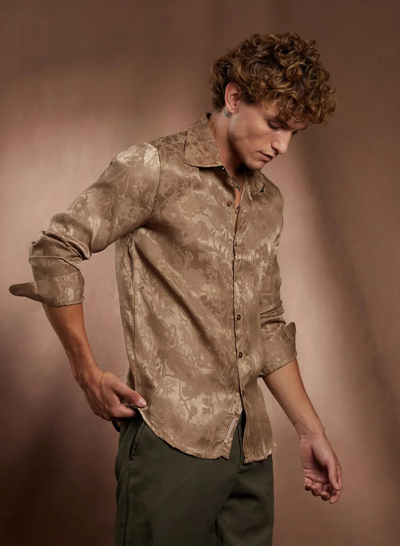 Campus Sutra Campus Sutra Men's Peanut Brown Flora-Textured Shirt For Casual Wear | Spread Collar | Long Cuffed Sleeves | Button Closure | Shirt Crafted With Comfort Fit For Everyday Wear