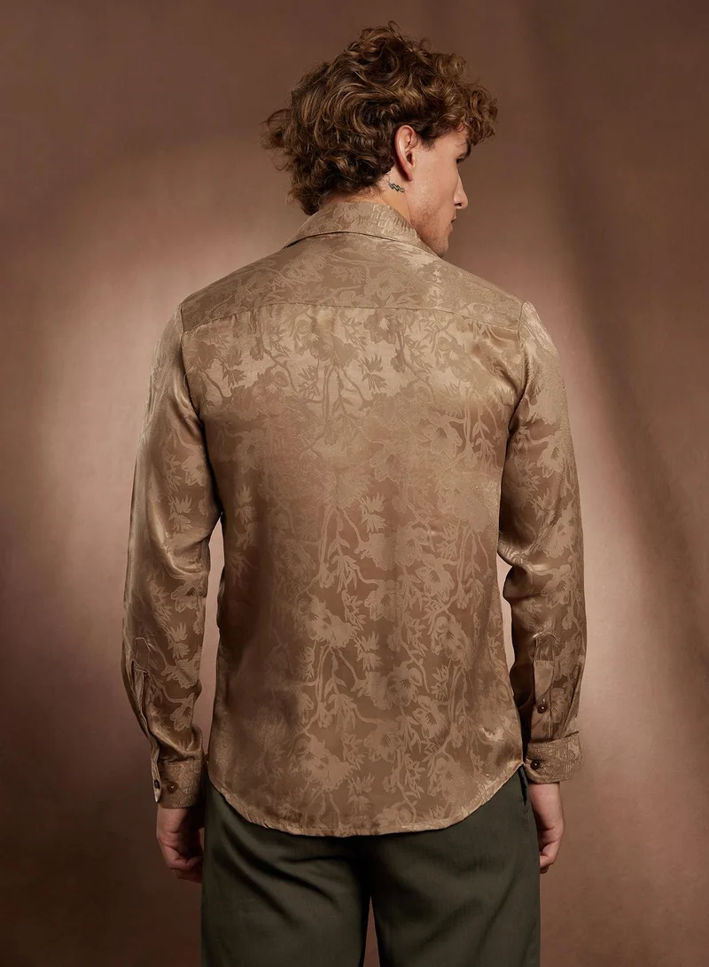Campus Sutra Campus Sutra Men's Peanut Brown Flora-Textured Shirt For Casual Wear | Spread Collar | Long Cuffed Sleeves | Button Closure | Shirt Crafted With Comfort Fit For Everyday Wear