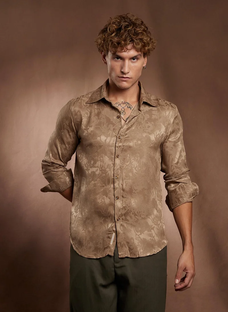 Campus Sutra Campus Sutra Men's Peanut Brown Flora-Textured Shirt For Casual Wear | Spread Collar | Long Cuffed Sleeves | Button Closure | Shirt Crafted With Comfort Fit For Everyday Wear