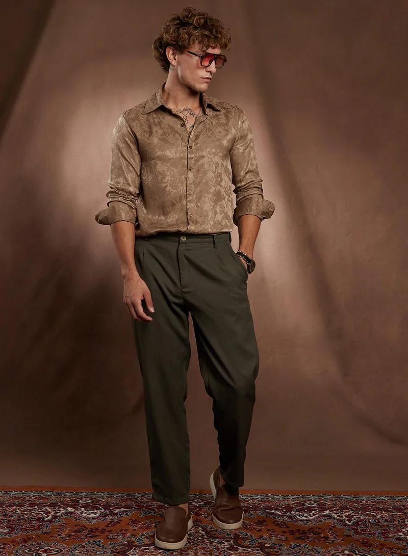 Campus Sutra Campus Sutra Men's Peanut Brown Flora-Textured Shirt For Casual Wear | Spread Collar | Long Cuffed Sleeves | Button Closure | Shirt Crafted With Comfort Fit For Everyday Wear