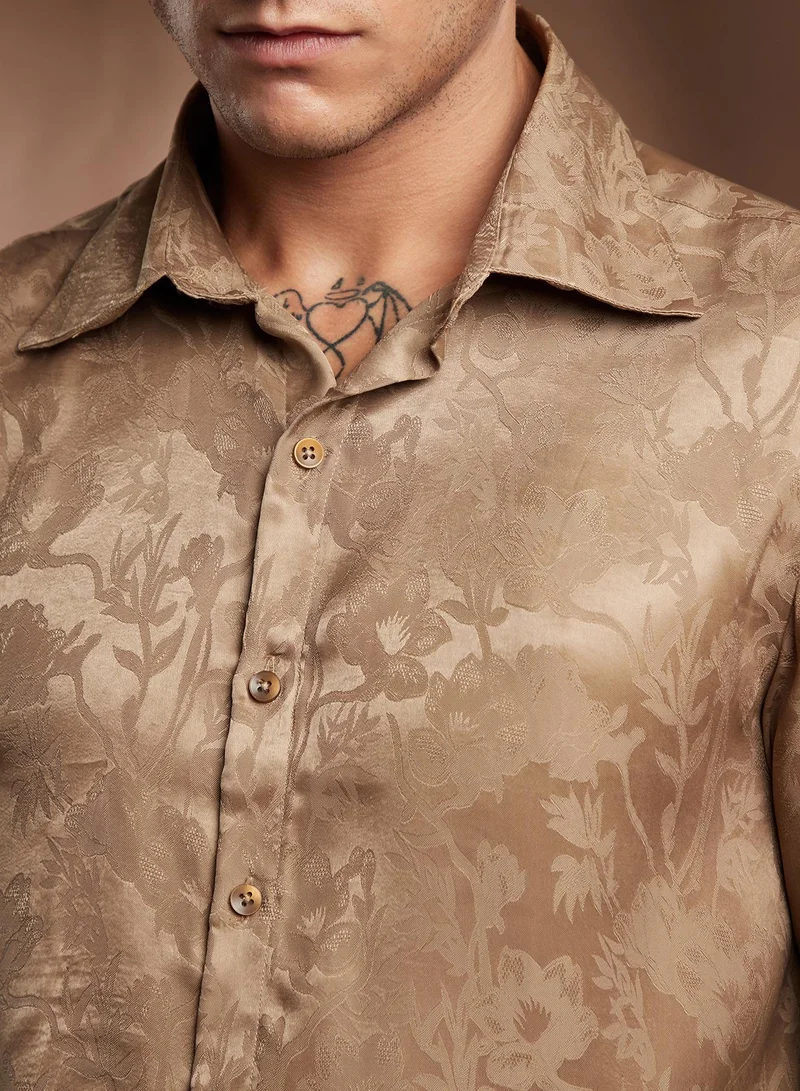 Campus Sutra Campus Sutra Men's Peanut Brown Flora-Textured Shirt For Casual Wear | Spread Collar | Long Cuffed Sleeves | Button Closure | Shirt Crafted With Comfort Fit For Everyday Wear