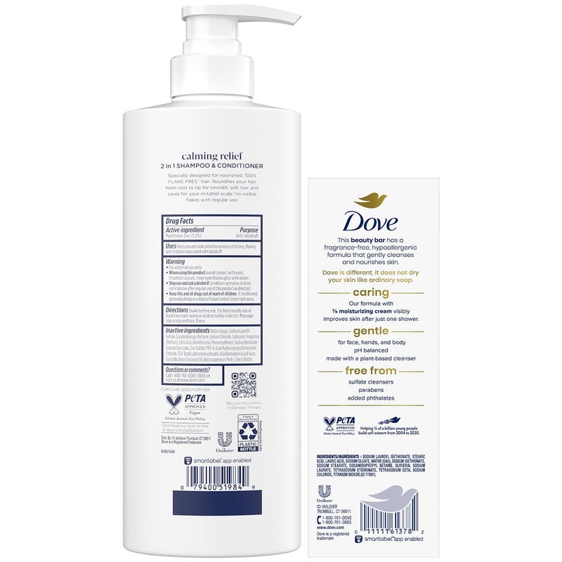 Dove Dandruff Shampoo & Conditioner 2-in-1, DermaCare Calming Relief with Pyrithione Zinc + Beauty Bar Soap for Sensitive Skin 8-Pack â€“ Relief for Itchy Scalp and Dry Skin (9 Piece Set) - Image 2
