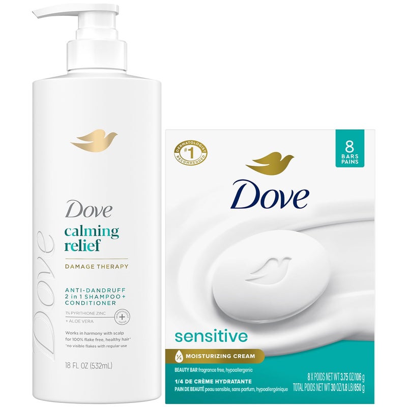 Dove Dandruff Shampoo & Conditioner 2-in-1, DermaCare Calming Relief with Pyrithione Zinc + Beauty Bar Soap for Sensitive Skin 8-Pack â€“ Relief for Itchy Scalp and Dry Skin (9 Piece Set) - Image 1