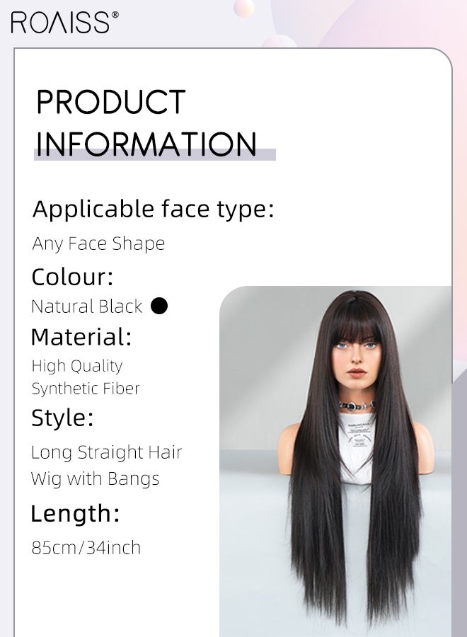 roaiss Extra Long Straight Hair Wig with Bangs for Women, Natural Soft Synthetic Heat Resistant Hair Wig for Wedding Cosplay Party Daily Use, Natural Black, 85cm (33 inches) - Image 2