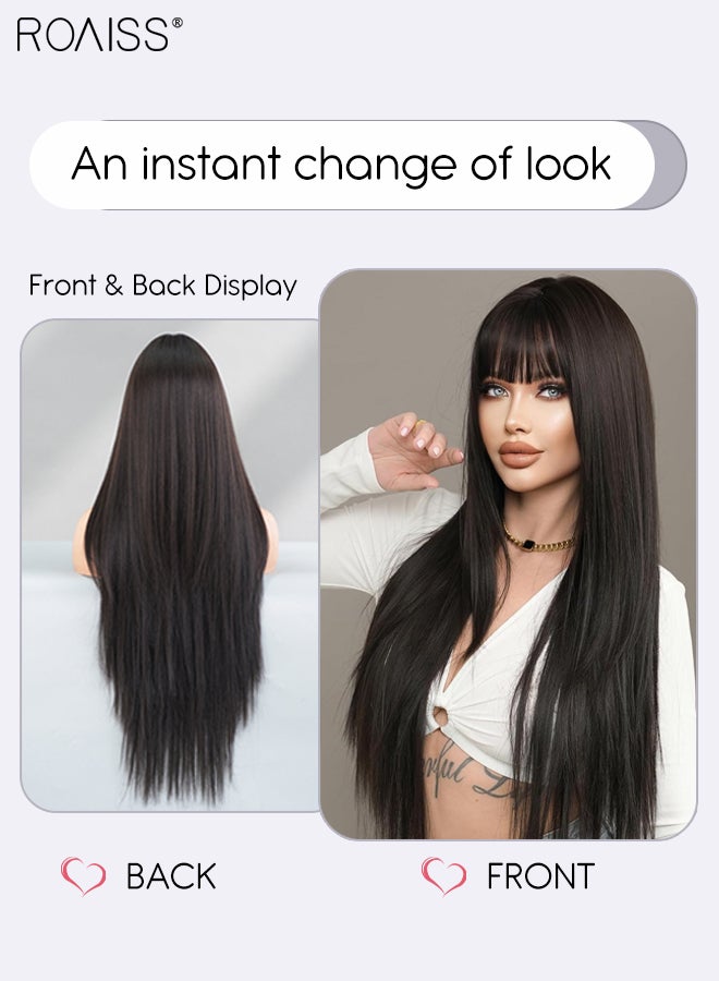 roaiss Extra Long Straight Hair Wig with Bangs for Women, Natural Soft Synthetic Heat Resistant Hair Wig for Wedding Cosplay Party Daily Use, Natural Black, 85cm (33 inches) - Image 3