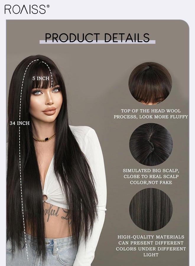 roaiss Extra Long Straight Hair Wig with Bangs for Women, Natural Soft Synthetic Heat Resistant Hair Wig for Wedding Cosplay Party Daily Use, Natural Black, 85cm (33 inches) - Image 4