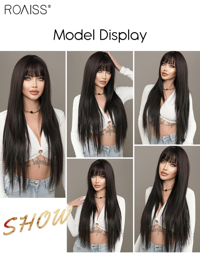 roaiss Extra Long Straight Hair Wig with Bangs for Women, Natural Soft Synthetic Heat Resistant Hair Wig for Wedding Cosplay Party Daily Use, Natural Black, 85cm (33 inches) - Image 5