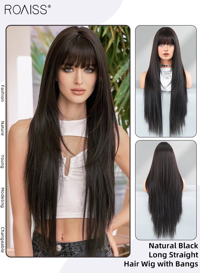roaiss Extra Long Straight Hair Wig with Bangs for Women, Natural Soft Synthetic Heat Resistant Hair Wig for Wedding Cosplay Party Daily Use, Natural Black, 85cm (33 inches) - Image 1