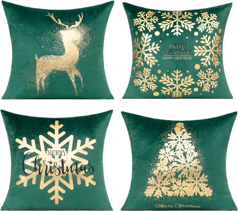 All Smiles Dark Green Gold Christmas Decorations Throw Pillow Covers Cases 18X18 Set of 4 Winter Xmas Indoor Home D?cor Ornaments Velvet Navidad Cushion for Sofa Christmas Tree Snowflake Reindeer - Image 1