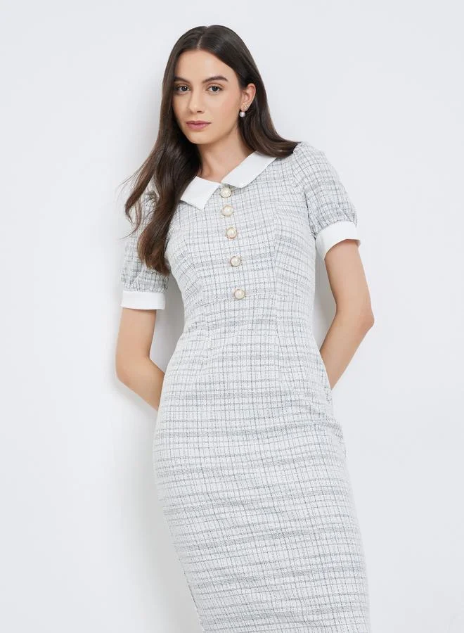 تايك تو Take Two Checked Puff Sleeve Bodycon Midi Dress