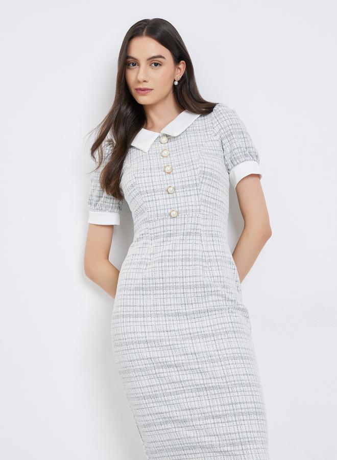 Take Two Checked Puff Sleeve Bodycon Midi Dress - Image 4