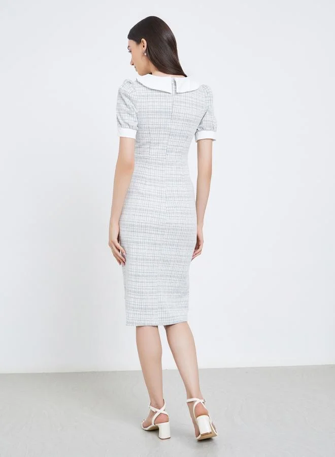 تايك تو Take Two Checked Puff Sleeve Bodycon Midi Dress