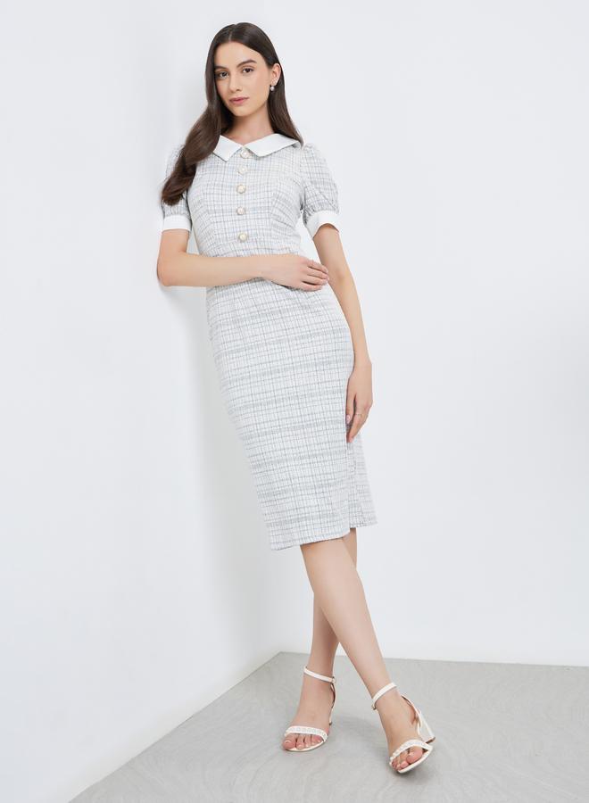 Take Two Checked Puff Sleeve Bodycon Midi Dress - Image 3