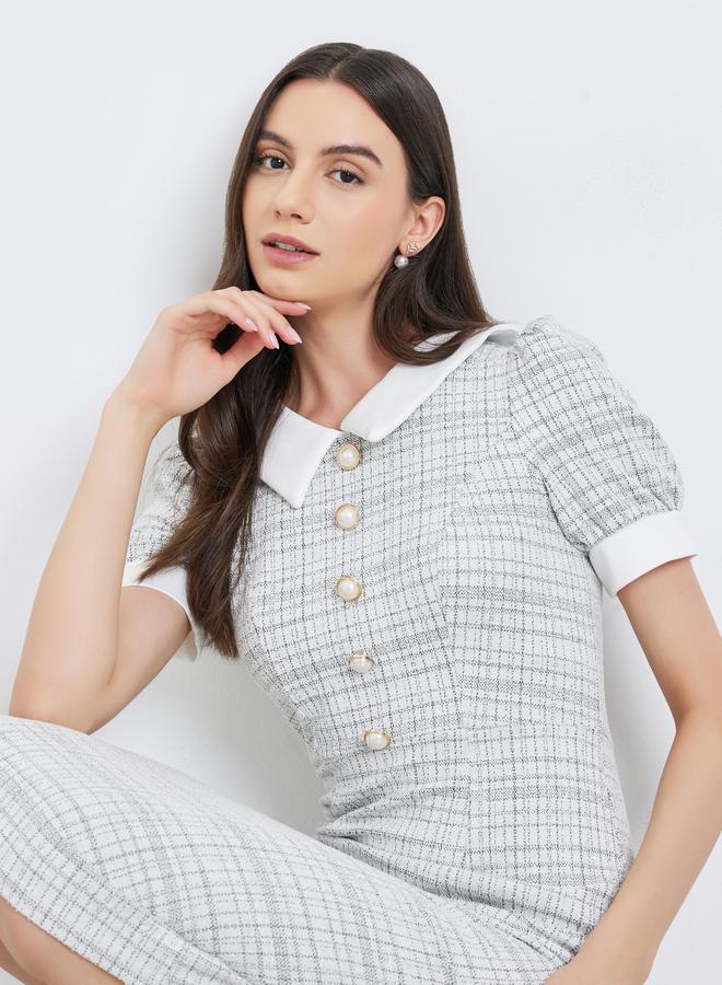 Take Two Checked Puff Sleeve Bodycon Midi Dress - Image 1