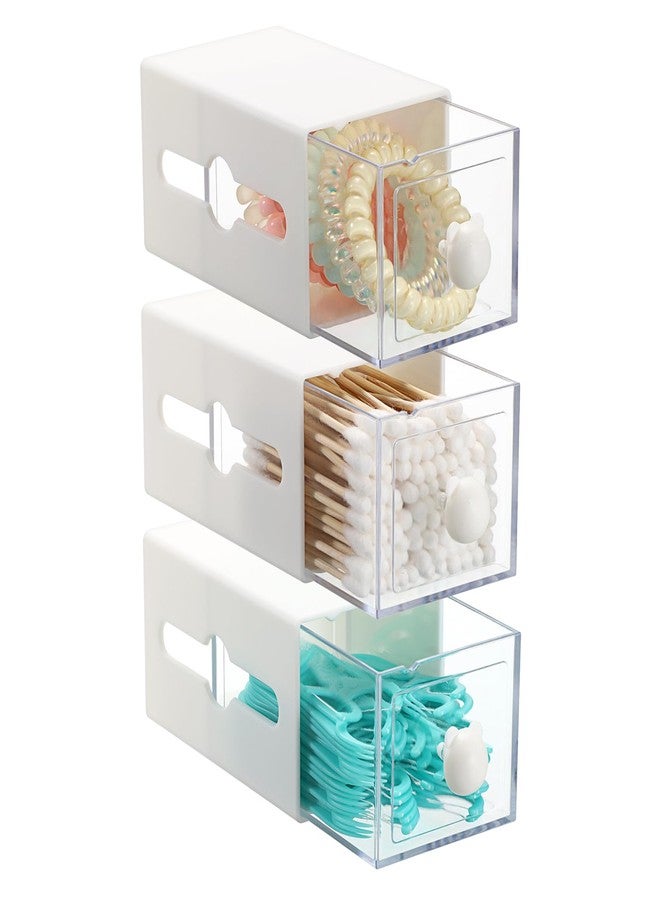 GUSHBIN 3 Packs Qtip Holder for Bathroom Plastic Q-tip Dispenser with Drawer Wall Mounted Cotton Swab Holder Bathroom Vanity Makeup Organizer for Qtip Cotton Balls Pads Floss Picks - Image 1