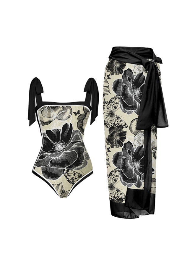 إسكدنيا 2023 European And American One-piece Conservative Belly Covering Slim Vacation Beach Hot Spring Swimsuit Bikini Vintage One-piece Bikini-Color:Ink Painting Black- - Image 3
