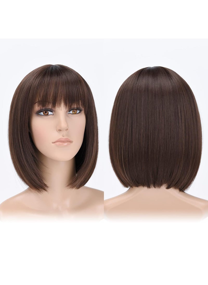 HSPJHTM - HSPJHTM Brown Bob WigsShort Bob Hair Wigs 12 Straight with Bangs Synthetic Colorful Cosplay Daily Party Wig for Women Natural BrownFree Wig Cap - Image 1