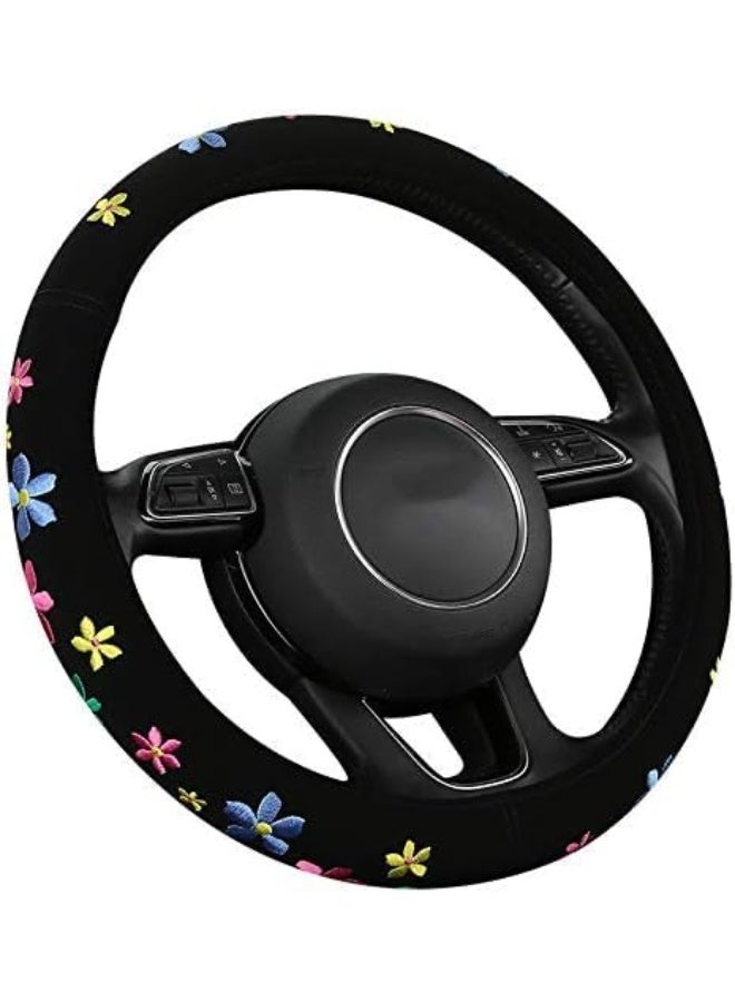 غطاء عجلة قيادة سيارة عالمي مقاس 15 بوصة، غطاء عجلة قيادة لطيف مطرز بأزهار صغيرة، غطاء عجلة قيادة قابل للتمدد، ديكور سيارة مزهر، غير قابل للانزلاق، يمتص العرق، مناسب للنساء - Image 1
