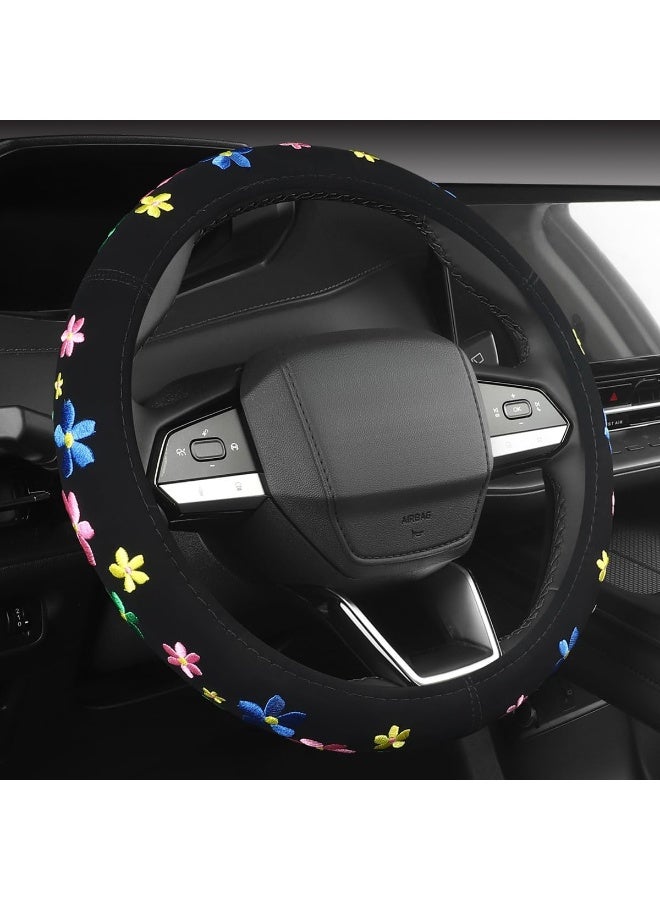 غطاء عجلة قيادة سيارة عالمي مقاس 15 بوصة، غطاء عجلة قيادة لطيف مطرز بأزهار صغيرة، غطاء عجلة قيادة قابل للتمدد، ديكور سيارة مزهر، غير قابل للانزلاق، يمتص العرق، مناسب للنساء - Image 2