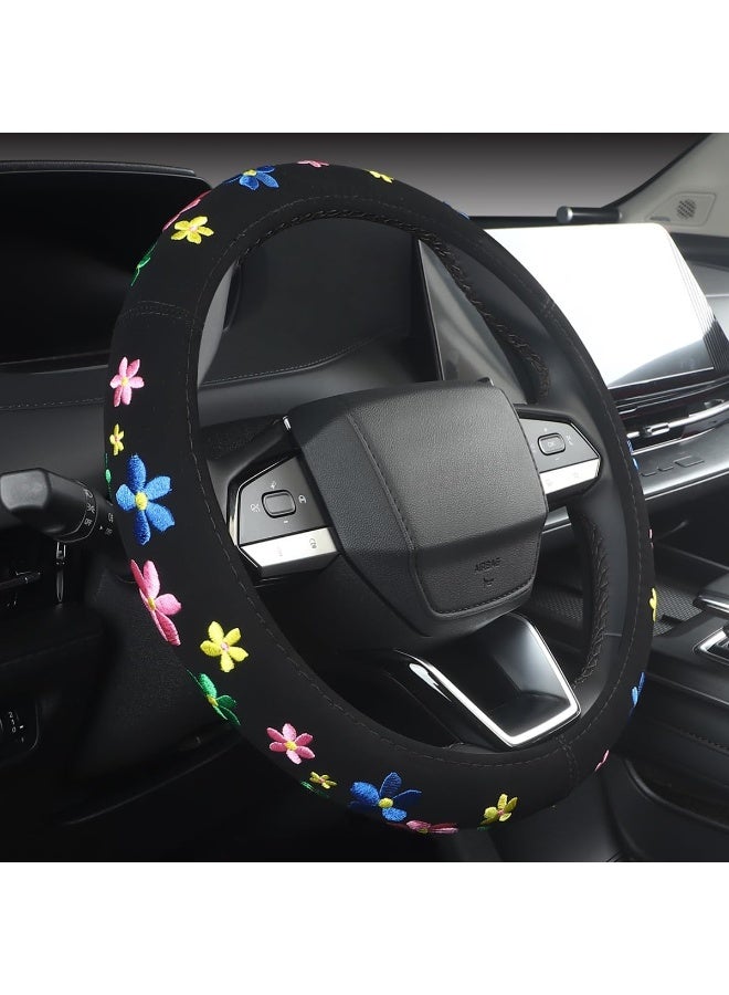 غطاء عجلة قيادة سيارة عالمي مقاس 15 بوصة، غطاء عجلة قيادة لطيف مطرز بأزهار صغيرة، غطاء عجلة قيادة قابل للتمدد، ديكور سيارة مزهر، غير قابل للانزلاق، يمتص العرق، مناسب للنساء - Image 3