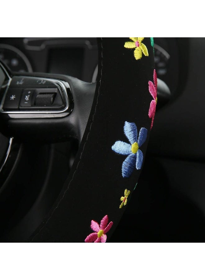 غطاء عجلة قيادة سيارة عالمي مقاس 15 بوصة، غطاء عجلة قيادة لطيف مطرز بأزهار صغيرة، غطاء عجلة قيادة قابل للتمدد، ديكور سيارة مزهر، غير قابل للانزلاق، يمتص العرق، مناسب للنساء - Image 4