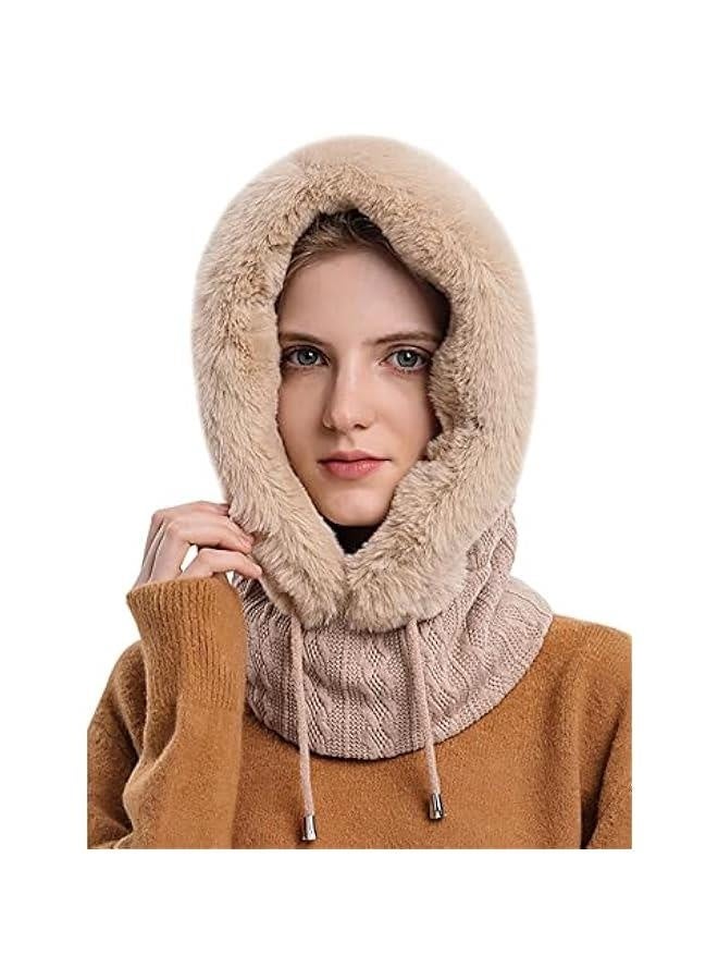 Winter Hats for Women Warm Hooded Scarf Hat Balaclava Knit Skull Cap Beanie Hat with Drawstring  - Image 1