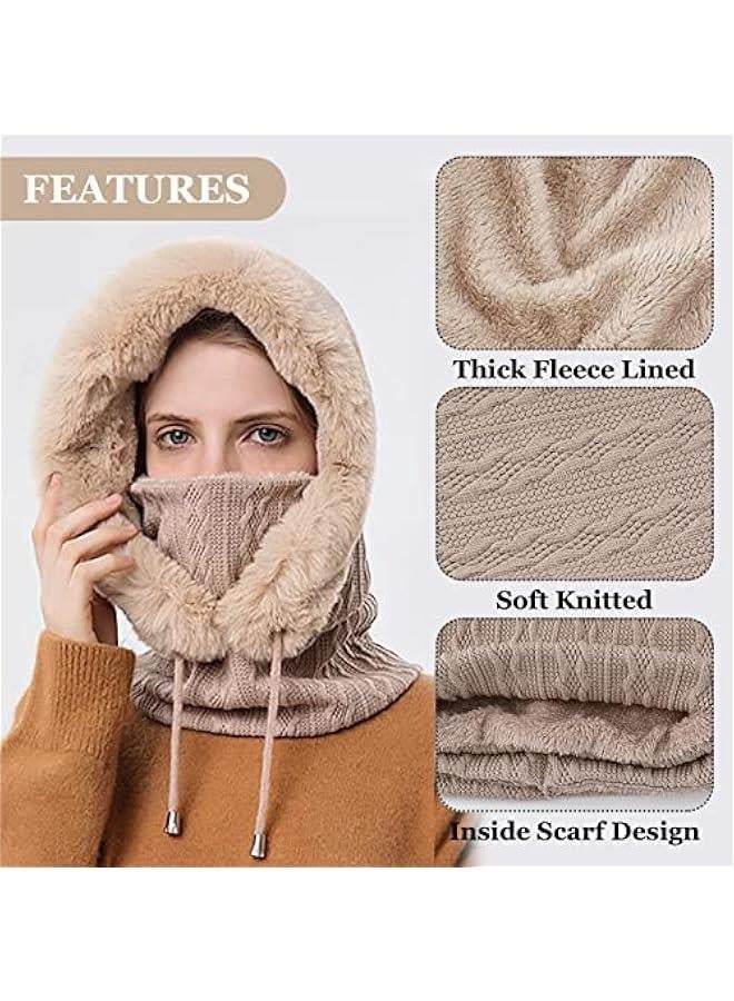 Winter Hats for Women Warm Hooded Scarf Hat Balaclava Knit Skull Cap Beanie Hat with Drawstring  - Image 5