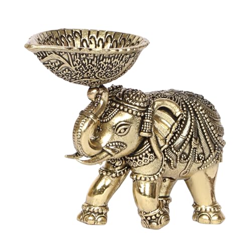Kartique Brass Elephant Diya Holder, 2.5 Inch Tall, Gold Finish, Intricate Design with Raised Trunk, Ideal for Pooja, Home Decor, and Festive Lighting - Image 1