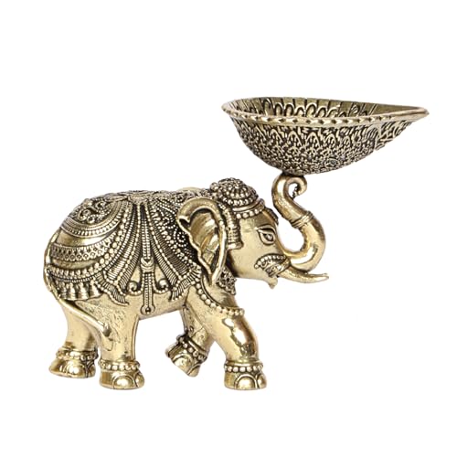 Kartique Brass Elephant Diya Holder, 2.5 Inch Tall, Gold Finish, Intricate Design with Raised Trunk, Ideal for Pooja, Home Decor, and Festive Lighting - Image 4