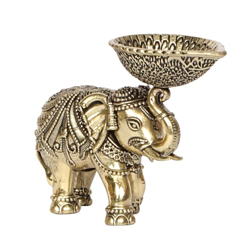 Kartique Brass Elephant Diya Holder, 2.5 Inch Tall, Gold Finish, Intricate Design with Raised Trunk, Ideal for Pooja, Home Decor, and Festive Lighting - Image 2