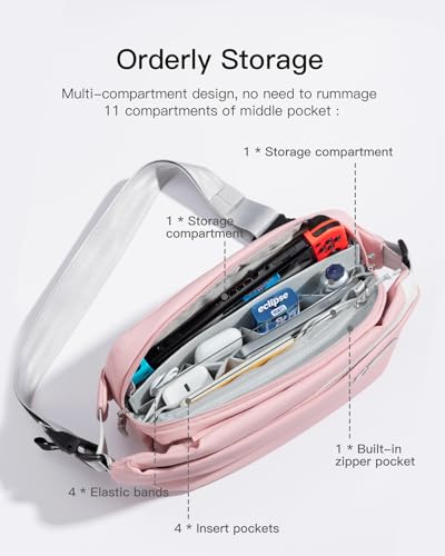 Inateck Sling Bag X, Multi-pocket Crossbody Shoulder Chest Bag with Adjustable Shoulder Strap, Water-resistant Waist Fanny Pack for Men, Women, Travel, Daily Use, Cycling, Hiking, Pink, Large - Image 3