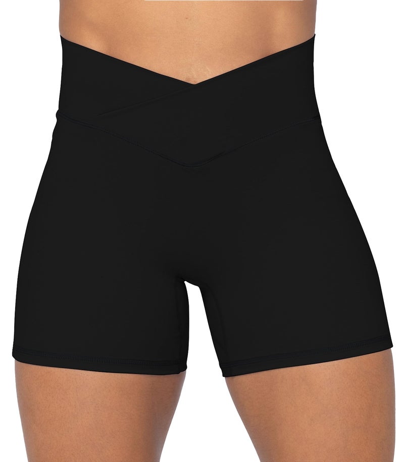 Sunzel Sunzfly Crossover Biker Shorts for Women, V Criss Cross High Waist Yoga Workout Gym Shorts with Tummy Control 4" Black Medium - Image 1