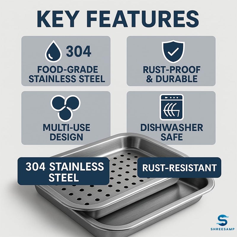 SHREESAMP SHREESAMP Stainless Steel Tea Serving Tray, Rectangular Silver Tray for Home, Office, Teahouse, Tea Shop, Restaurant l 30.5 x 20.5 x 4 Drainage Tray Metal Organizer Plate to Hold Fruit, Teacup  - Image 3
