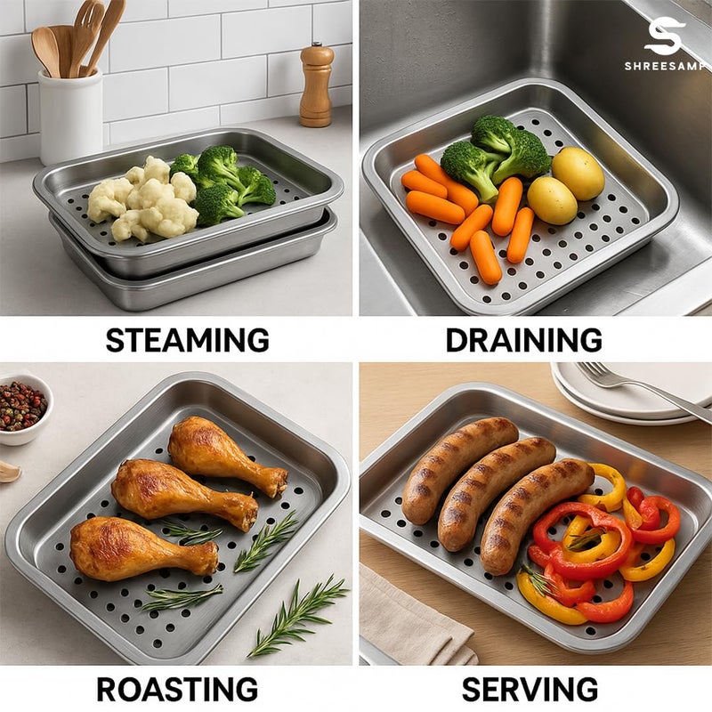 SHREESAMP SHREESAMP Stainless Steel Tea Serving Tray, Rectangular Silver Tray for Home, Office, Teahouse, Tea Shop, Restaurant l 30.5 x 20.5 x 4 Drainage Tray Metal Organizer Plate to Hold Fruit, Teacup  - Image 5