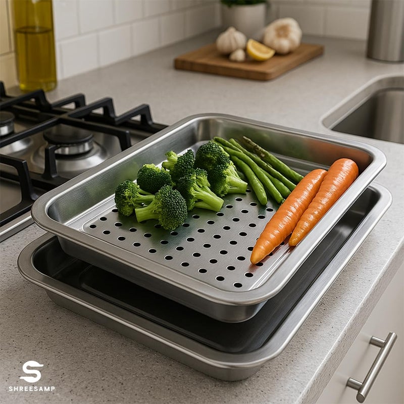 SHREESAMP SHREESAMP Stainless Steel Tea Serving Tray, Rectangular Silver Tray for Home, Office, Teahouse, Tea Shop, Restaurant l 30.5 x 20.5 x 4 Drainage Tray Metal Organizer Plate to Hold Fruit, Teacup  - Image 4